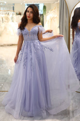 Lilac Prom Dress A Line Long Corset Evening Dress With Appliques